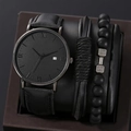 Detail of black quartz watch and braided leather bracelet set in a professional gift box - Dumbbell Pendant Black Set (Watch And Bracelets)
