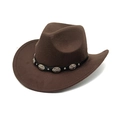 Detail of dark brown wool cowboy hat with black leather band and silver metal buckles - M(56-58cm) / Coffee
