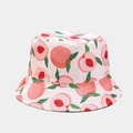 Detail of pink cotton bucket hat featuring reinforced brim and peach fruit pattern - M (56-58cm) / 7# Color-Pink Peach Print