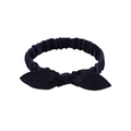 Detail of navy blue satin bow headband featuring flexible elastic gathered design - Navy Blue (1)