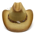 Detail of western straw cowboy hat with ombre spray paint and beaded leather band - M (56-58cm) / Khaki