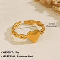 Adjustable golden stainless steel ring with heart charm and chunky chain texture - Chain Heart 573 / Gold
