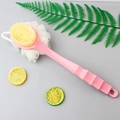 Pink long handle bath brush with soft yellow bristles and white sponge for body massage - 2-in-1 Bath Brush / Pink