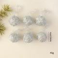 Set of 6 silver glitter Christmas balls 5cm diameter with hooks for tree decoration - Silver