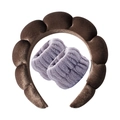 Three-piece set with a dark brown sponge headband and two grey-purple absorbent wristbands - Velvet Coffee Headband + 2 Wristbands