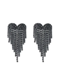 Detail of dark grey crystal heart earrings with elegant long tassel diamond fringe - Black