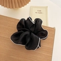 Large black mesh hair scrunchie with white contrast piping on a natural wood surface - Large / Black (White Piping)