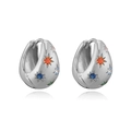 Macro detail of silver star hoop earrings with colorful zircon stones and polished finish - Silver with Multi-color Stone Star Earrings