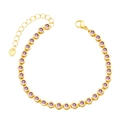 Detail of gold tennis bracelet featuring purple round stones and a heart charm extension - Purple