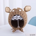Brown knitted baby bonnet with deer ears and white pom poms for autumn and winter - Brown Giraffe - Lined