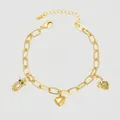 Bracelet à maillons trombones dorés avec pendentifs hibou, cœur et couronne en zircon - Style B (Or Hibou Coeur Pendentifs)
