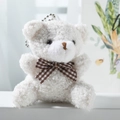 Cute white curly plush bear keychain with plaid bowtie and silver bead chain - White