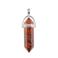 Hexagonal red jasper natural stone pendant with silver metal clasp on white background - Mahogany Obsidian