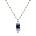 Elegant gold necklace featuring a royal blue square gemstone and sparkling zircons - Lzn21-14k For Sale