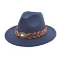Dark blue wool fedora hat with brown leather braided band and turquoise metal buckle - M (56-58cm) / Navy Blue