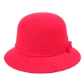 Detail of red wool felt hat featuring a vintage style bow decoration on a cloche dome hat - Red