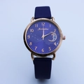 Fashionable moon and star quartz watch for women with blue strap and rose gold case - Blue
