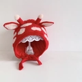 Red knit baby hat with white polka dots, animal ears and chin straps for infants - Red Sika Deer - Lined