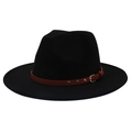 Detailed close-up of a black wool felt jazz hat featuring a brown faux leather buckle belt - M(56-58cm) / Black (3 Rivets)