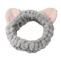 Detail of plush grey cat ear headband with soft pink inner lining for face washing - Gray