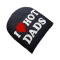 Detail shot of black knit beanie featuring 'I Love Hot Dads' embroidered text and red heart - I ❤️ HOT DADS-Black