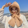 Close-up of plush khaki hooded scarf with soft faux rabbit fur and leather sport tag - Khaki - [No Ears]