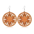 Detailed view of hollow wooden earrings with star pattern and metal hooks on white background - Style 32/Round Star Snowflake Hollow
