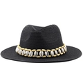 Detail of black straw fedora featuring a bohemian wood bead and shell decorative band - Black