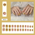 Short press-on nails with yellow cherry pattern and pink checkered design 24pcs set - Cartoon Cherry Style (R872) / Glue Type