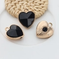 Three 12mm golden alloy heart pendants with faceted black crystal for DIY jewelry - Black