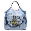 Borsa tote in tela azzurra con ricamo a coniglio e tracolle artistiche intrecciate - Celeste