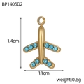 Golden airplane pendant with blue rhinestones, size 1.4cm x 1.1cm, stainless steel charm - Gold Airplane With Blue Crystals (BP1405D2)