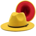 Detail of yellow wool fedora featuring red interior contrast and black leather belt buckle - M (56-58cm) / Yellow and Red