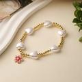 Elegante pulsera de cuentas doradas corazones blancos y colgante de flor de cerezo rosa - Colgante de Flor de Cerezo / Rosa Rojo