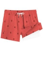 Detail of coral red swim trunks with black anchor prints and white drawstring cords - XS / Bottoms / Coral Red (Anchor Print)