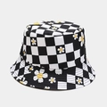 Women's summer reversible checkerboard bucket hat with daisy print and sun protection - M (56-58cm) / Black