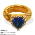 Golden heart-shaped stainless steel ring with a large blue zircon and small clear stones - US Size 7# / Gold with Cobalt Blue Zircon