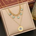 Double-layered gold necklace set featuring turquoise charms and evil eye pendant detail - 1# Double Layer Evil Eye Turquoise Necklace