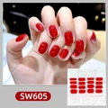 Detail view of red glossy nail stickers set SW605 with 16 pieces shown on hands - Red