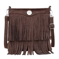 Brown suede crossbody bag with fringe tassels and metallic M detail in front view - Dark Brown