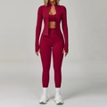 Completo yoga 3 pezzi color vino con giacca a zip, reggiseno sportivo e leggings a vita alta - S / Set 3 Pezzi / Rosa Rosso