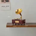 Vintage brown gramophone music box with golden horn, retro home decor miniature model - Brown Small European Gramophone Music Box