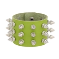 Macro detail of lime green PU leather cuff with triple rows of silver metal cone spikes - Fruit Green