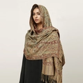 Detail view of ethnic paisley cashmere-feel scarf with elegant tassels and earthy tones - T368-13 Earth Tone