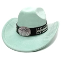 Detail of mint green suede cowboy hat with studded leather band and rhinestone buckle - M(56-58cm) / Mint Green