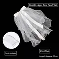 Velo da sposa corto bianco a doppio strato con fiocco, perle e pettine, lungo 50 cm - Stile Perla con Fiocco a Doppio Strato / Stile Pettine per Capelli Bianco