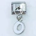 Italian modular charm in silver metal featuring a white enamel letter O dangle pendant - Number 0