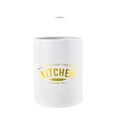 White silicone kitchen storage utensil tube with wooden handle design and gold text - Storage Bin