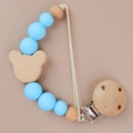 Blue silicone and wooden baby pacifier clip with a carved bear-shaped bead - Blue(16#)