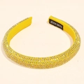 Close-up of bright yellow rhinestone headband featuring a handmade label on the inner side - 1.5cm wide / Yellow